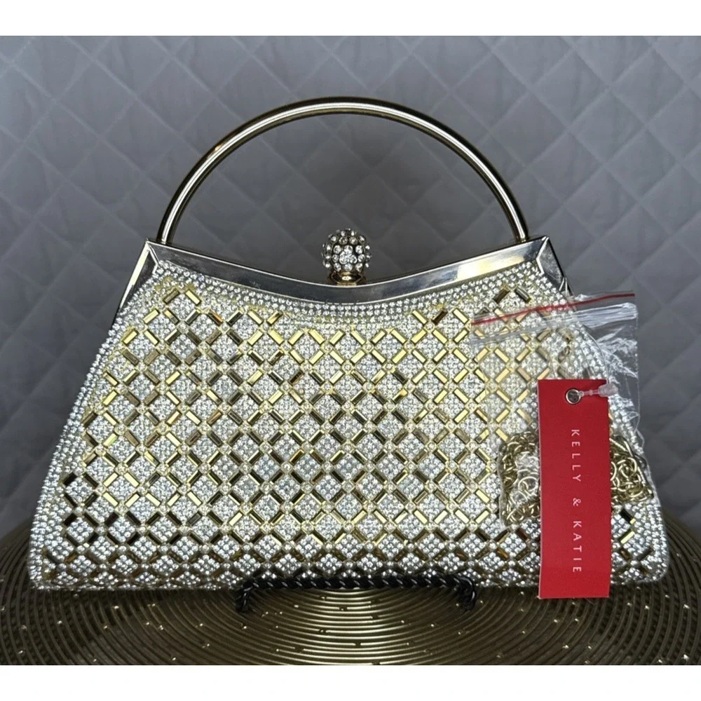 New with Tags Women’s Evening Bag Gala Gold Rhinestone Clutch Detachable‎ Strap